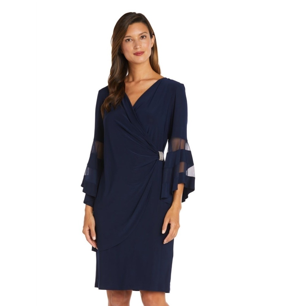 R&M Richards Navy Blue Dress 16 Rhinestone Bell Sleeve Women's XL NWT